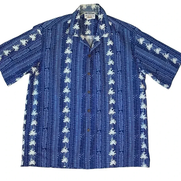 Pacific Legend Hawaiian Short Sleeve Button Down Shirt XL Blue White Palm Trees - Picture 1 of 16